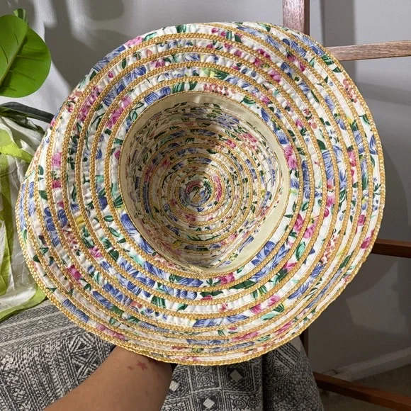 Vintage 90s Adult ONE SIZE Woven Floral Fabric and Straw Sun Hat - Picture 7 of 7